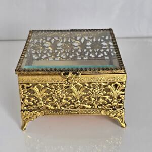 Vintage Ormolu Gold Filigree Jewelry Casket Beveled Glass Hollywood Regency